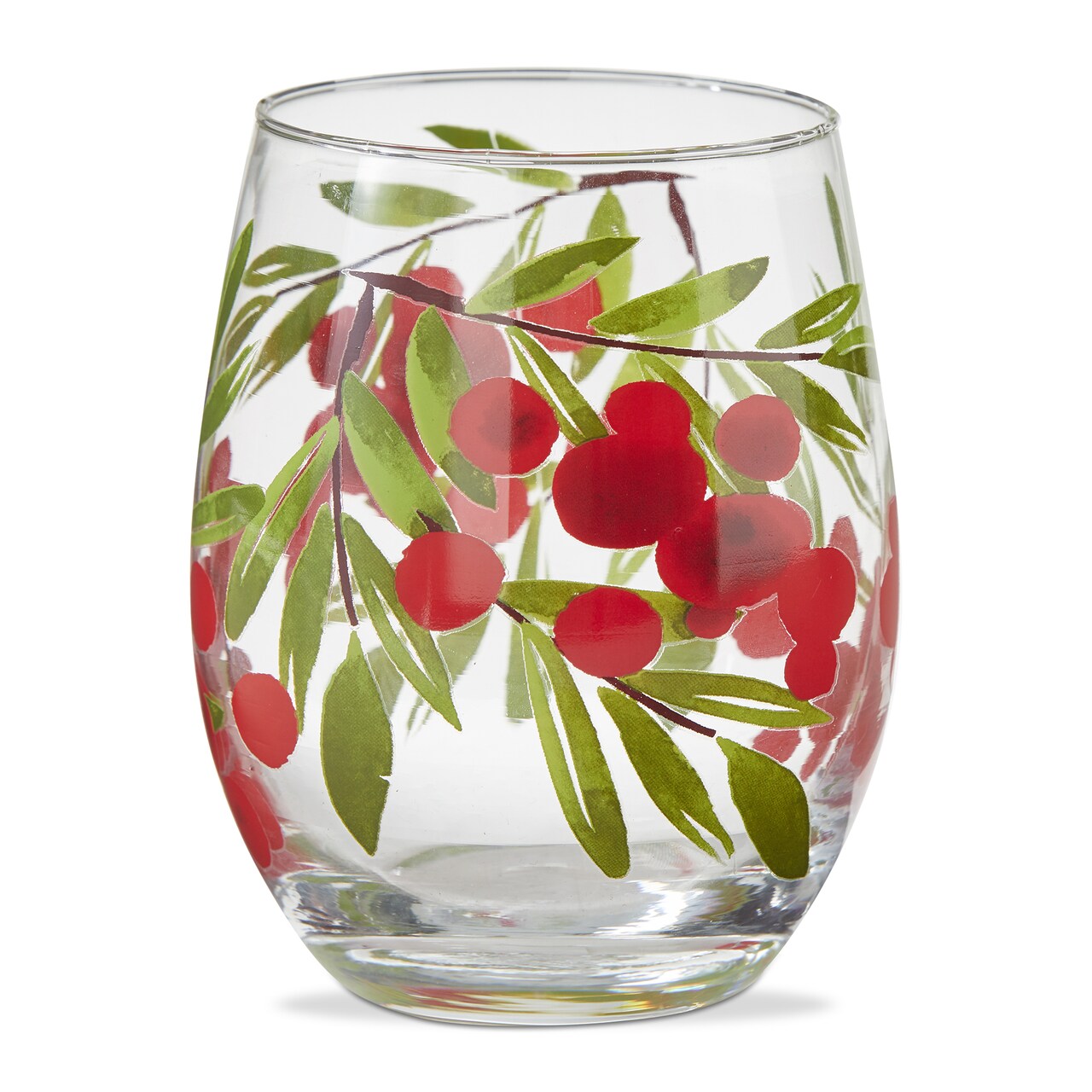 Christmas Sprig Red and Green Holly Stemless Clear Drinkware Glass, 18oz.